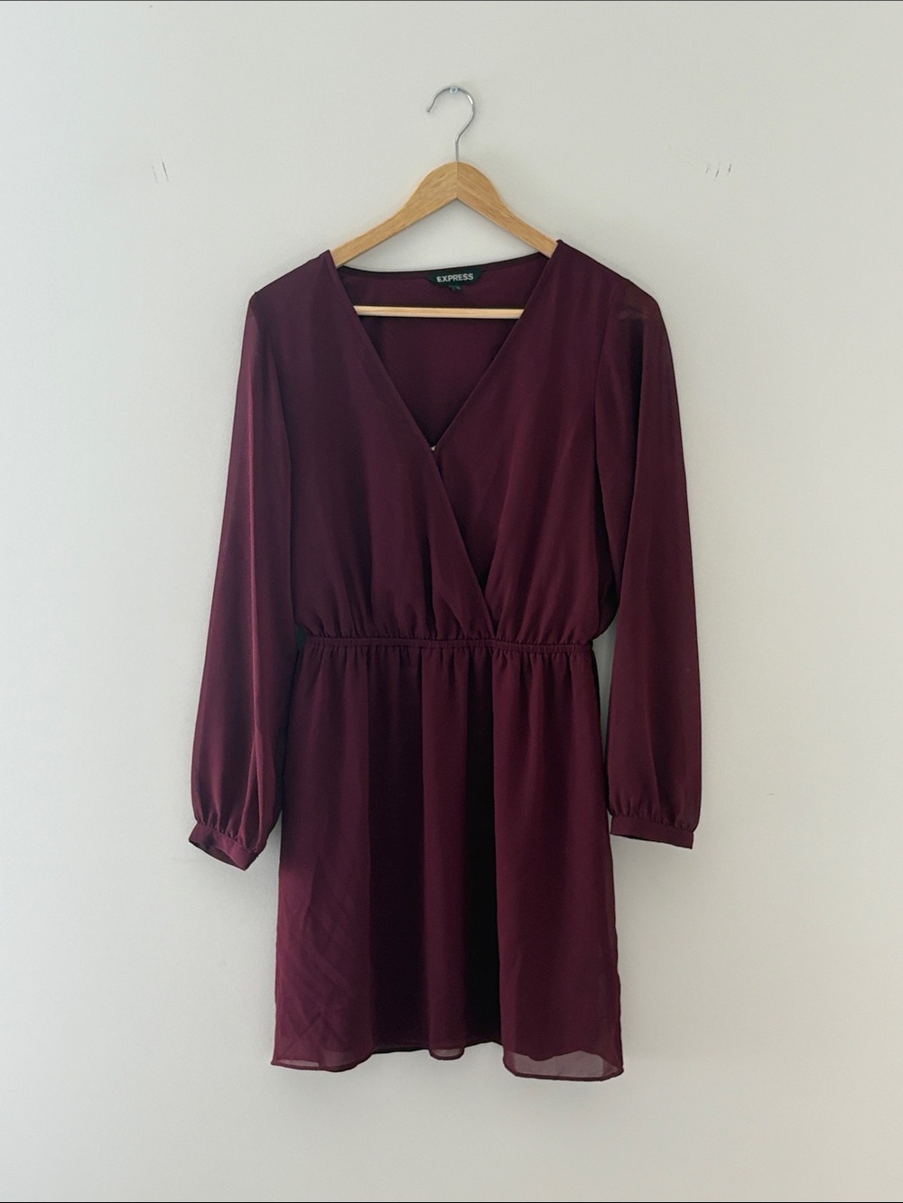 Express Women's Deep Burgundy Long-Sleeve Wrap-Style Dress